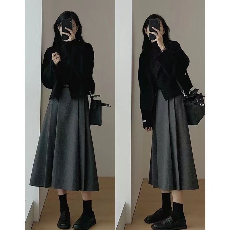春秋女装奶系毛呢温柔秋冬外套2025高腰新款半身裙套装|undefined
