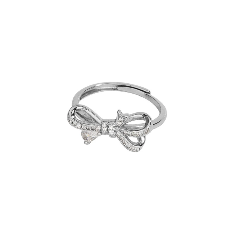 Fashionable sophisticated ring with bow, silver 925 sample, light luxury style, high-quality style, on index finger