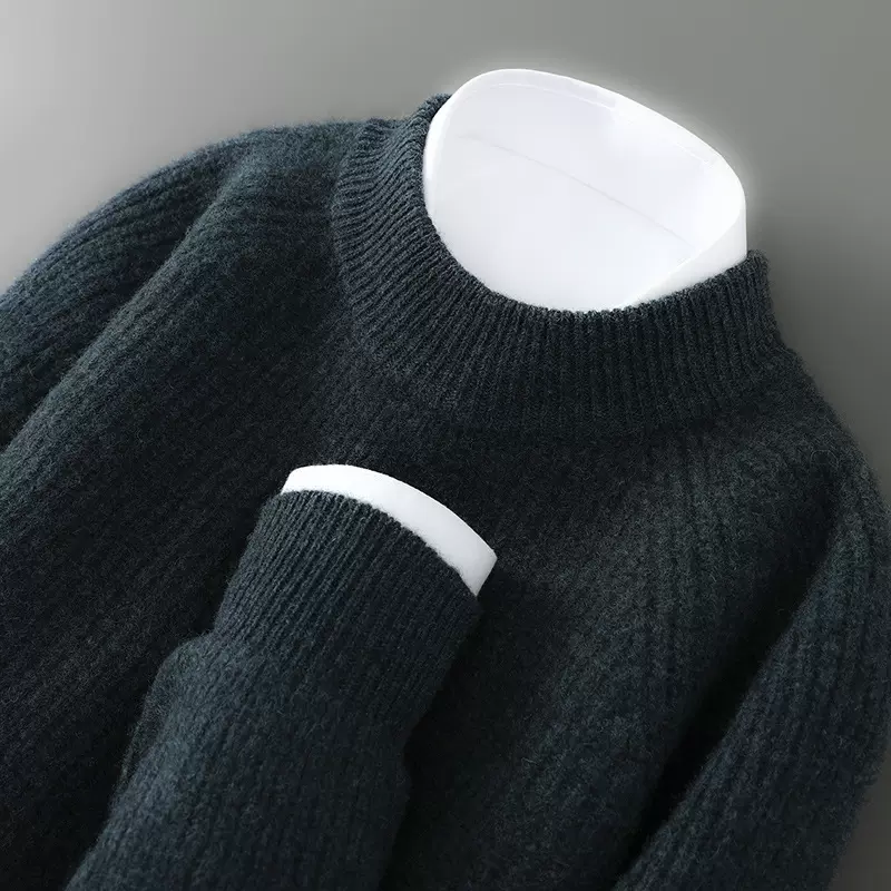 冬季加厚纯羊毛衫男半高领针织毛衣休闲元宝针打底宽松羊绒衫