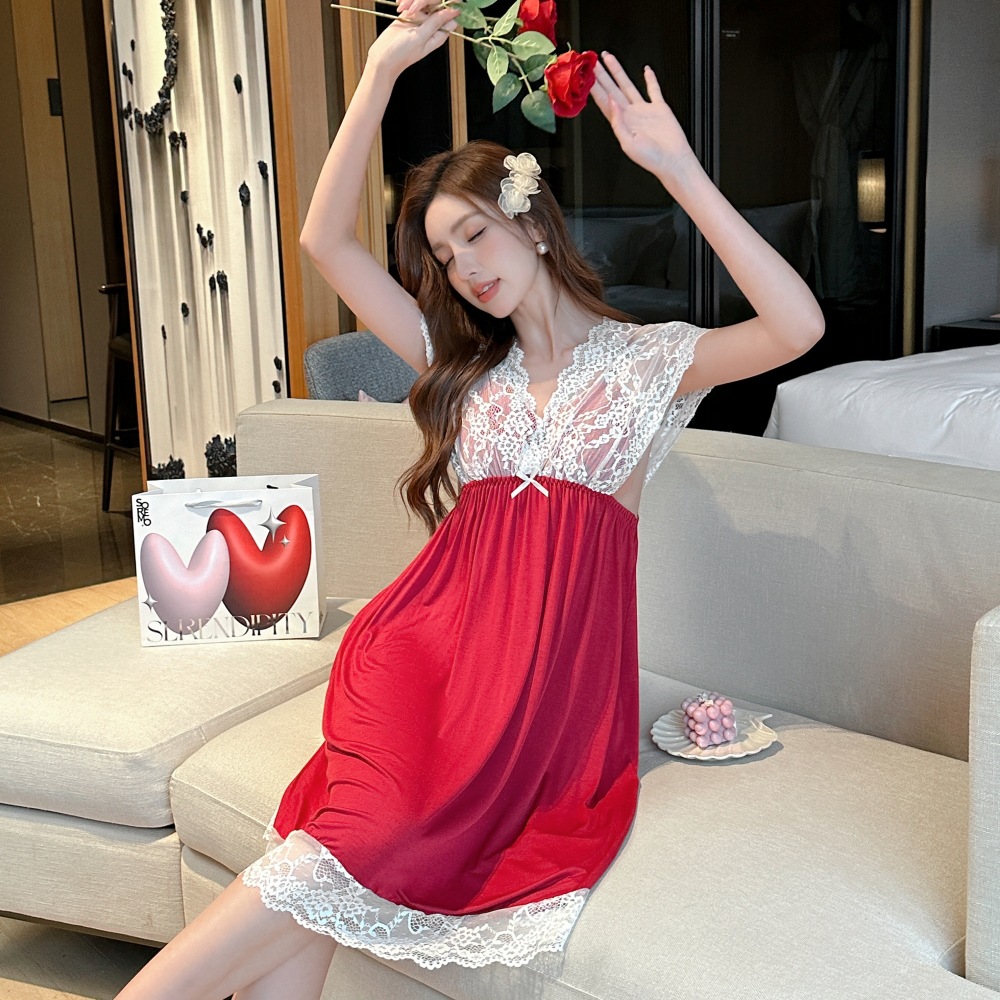 Pijama de la niña modelo coreano verano con cojín de pecho eslingas sexy puro aliento de encaje ropa de hogar en vivo