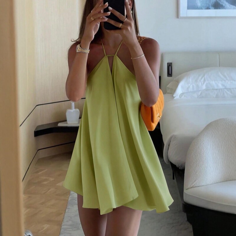 European and American Style Halter Neck Backless Solid Color Spaghetti Strap Dress, New Summer Design Short Dress for Women, Vacation Style, Sexy and Trendy European and American Style Halter Neck Backless Solid Color Spaghetti Strap Dress, New Summer Design Short Dress for Women, Vacation Style, Sexy and Trendy