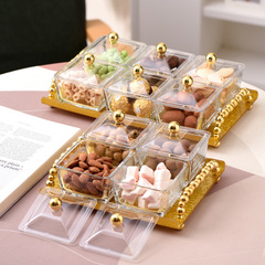 Light Luxury Glass Fruit Dish, Square Platter Box, Multi-Compartment Fruit Plate with Ironwork Design, European-Style Cake, Snack, and Appetizer Plates—Complete with Lid