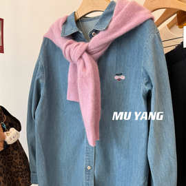 MUYANG 时髦叠穿季！粉色考拉头刺绣浅蓝色休闲牛仔衬衫女