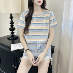 130~{クールコットンジャガード無地190g~イーハウ7月新商品}スモールフレッシュストライプ半袖Tシャツトップス