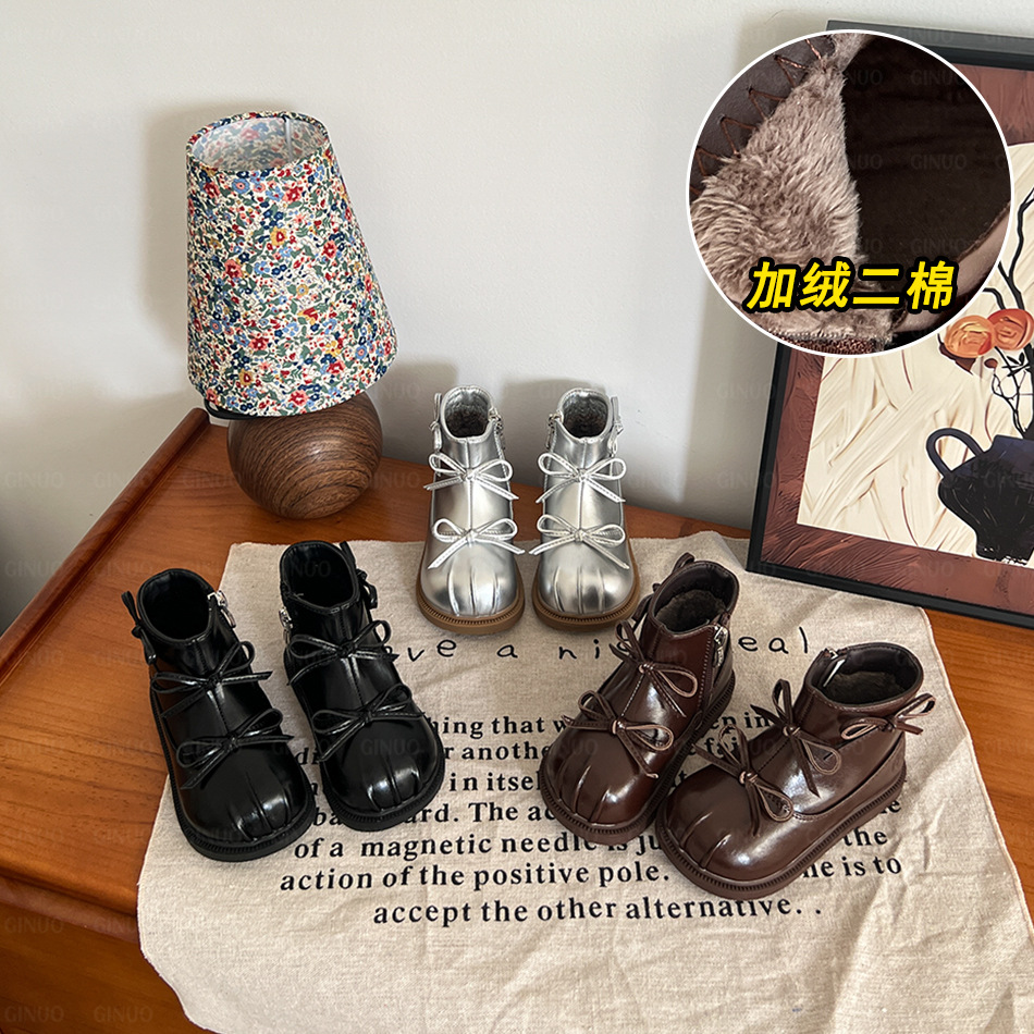 {Size 22-30} Children's Leather Shoes, New Winter Style, Girls' Princess Boots, Baby Girls' Fleece-Lined Warm Snow Cotton Boots