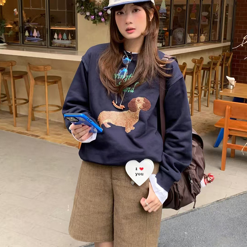 2026 Spring New Korean Style Retro Casual Age-Reducing Cartoon Print Round Neck Loose Long-Sleeved Sweatshirt for Women Cotton