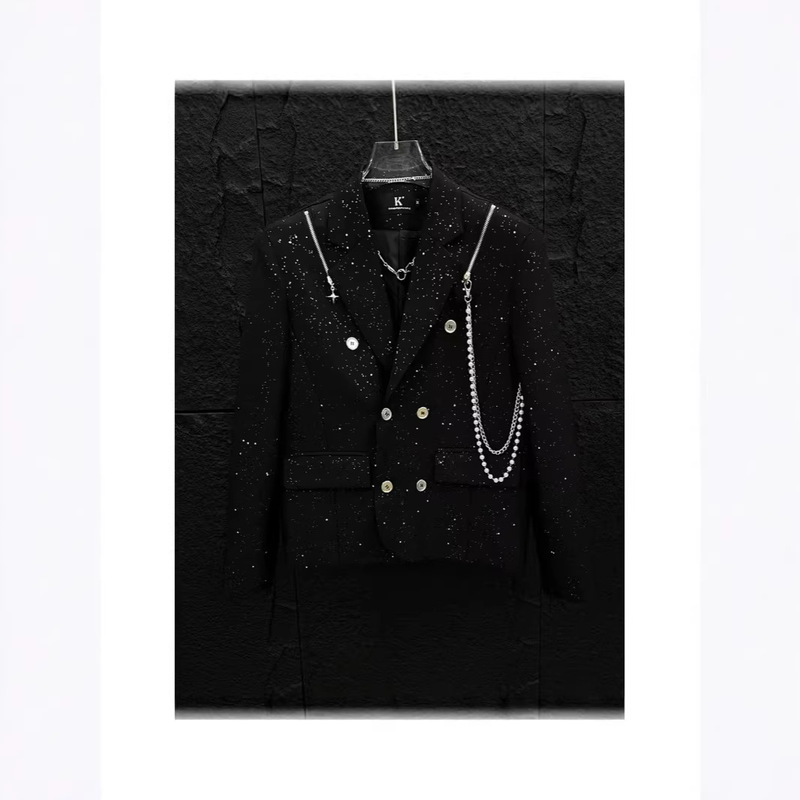 Autumn Black Starry Shiny Blazer for Men with a High-End Design, Stylish Hairstylist Shoulder-Padded Suit Jacket