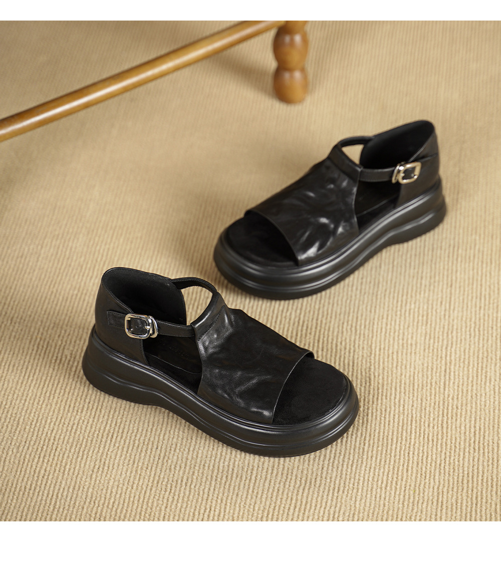 Sandal cao gót nữ hở mũi da bò đế dày quai ngang khóa — Khóa thắt lưng màu đen, Khóa thắt lưng màu nâu, Velcro màu mơ, Giấy dán ma thuật màu nâu chi tiết 15