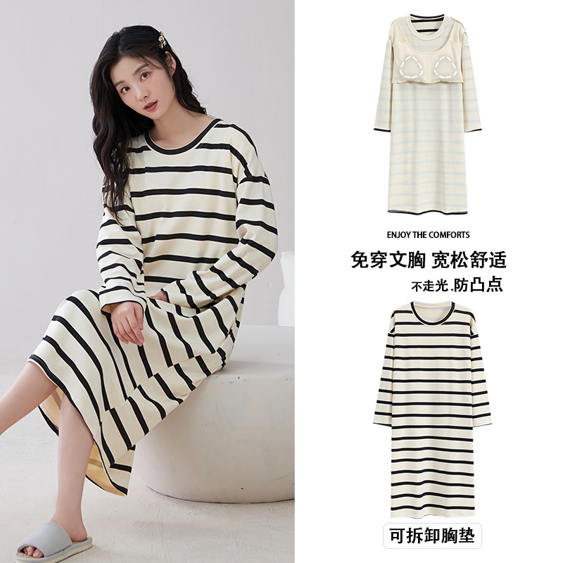 Camisón de las mujeres con almohadilla en el pecho verano primavera y otoño algodón manga larga delgada nuevo leopardo pijamas de algodón de las mujeres desgaste del hogar