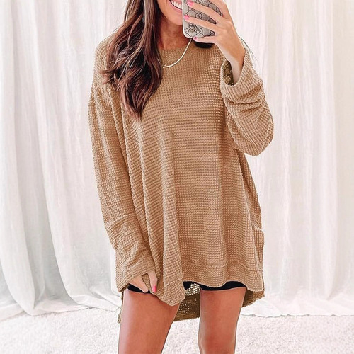 European and American-style fashionable solid-color waffle-texture loose-fitting round-neck long-sleeved slit top for women