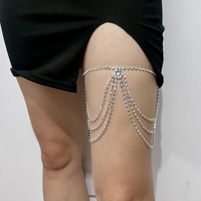 欧美性感水钻腿链女 多层流苏镶钻身体链时尚弹力绳沙滩度假腿链|ru