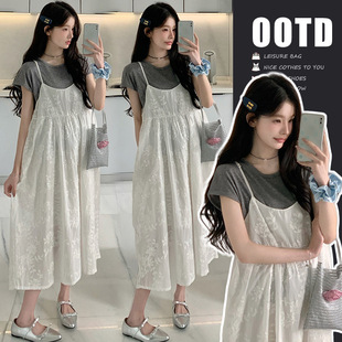 Pregnant women's clothing fashion 2025 summer suit Korean fashion loose T-shirt jacquard lace skirt two-piece set