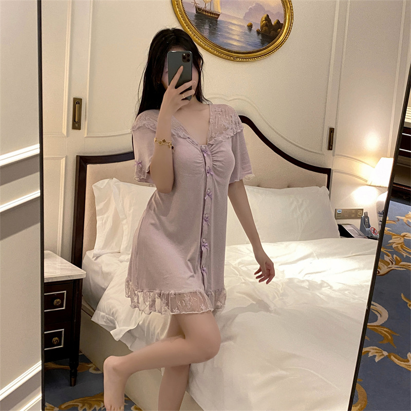 睡裙女春夏季新款莫代爾棉法式帶胸墊性感蕾絲花邊短袖短褲家居服