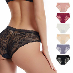 Sexy Ice Silk Seamless European and American Style Spliced Lace Hollowed Out Underwear Women's Cotton Panty Breathable Invisible Triangle Panties Women 