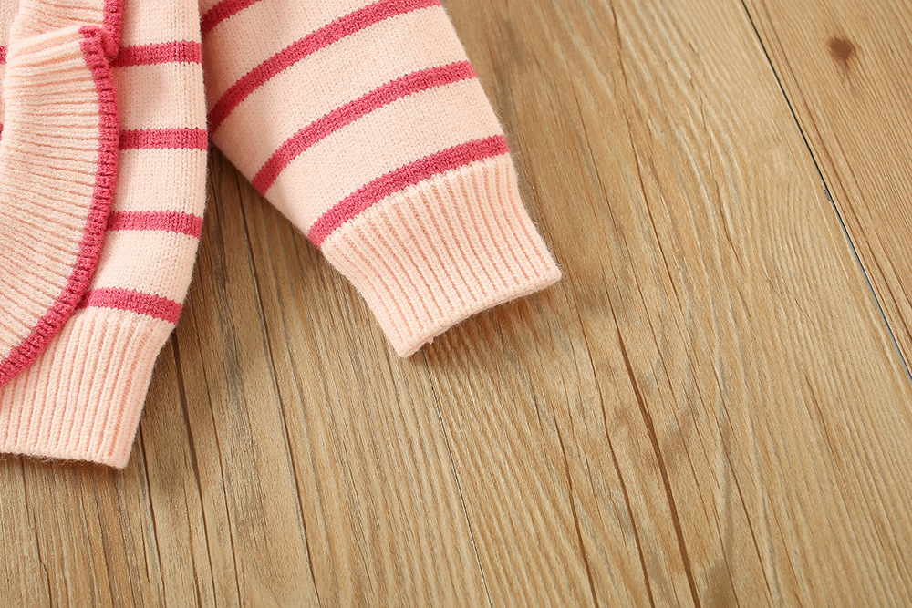 Girls' Sweater S 2023 Winter New Korean Edition Western Style Girl Stripe Wooden Ear Edge Children's Pants Two Piece_voghion.com