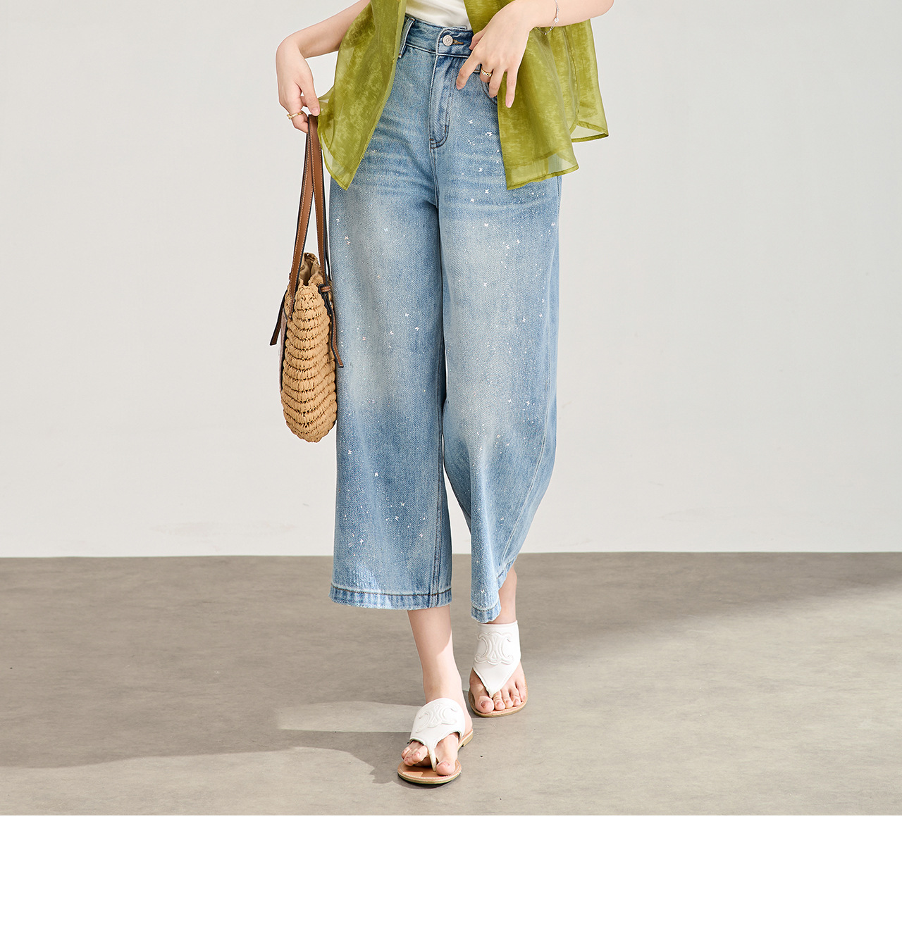 Quần jean nữ ống rộng cạp cao chất cotton mài trắng phối sequin bướm — xanh lam chi tiết 14