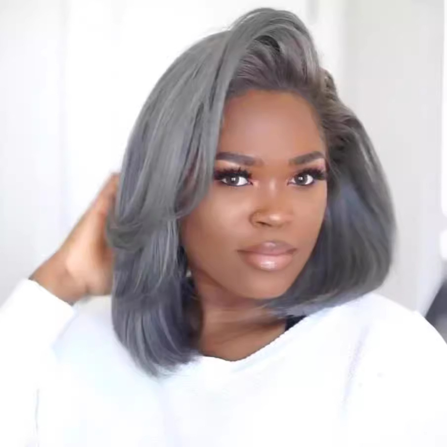 Peluca de comercio exterior transfronterizo Peluca europea y americana de las mujeres pelo recto negro Gris alta temperatura seda fibra química sombrero de una sola pieza entrega