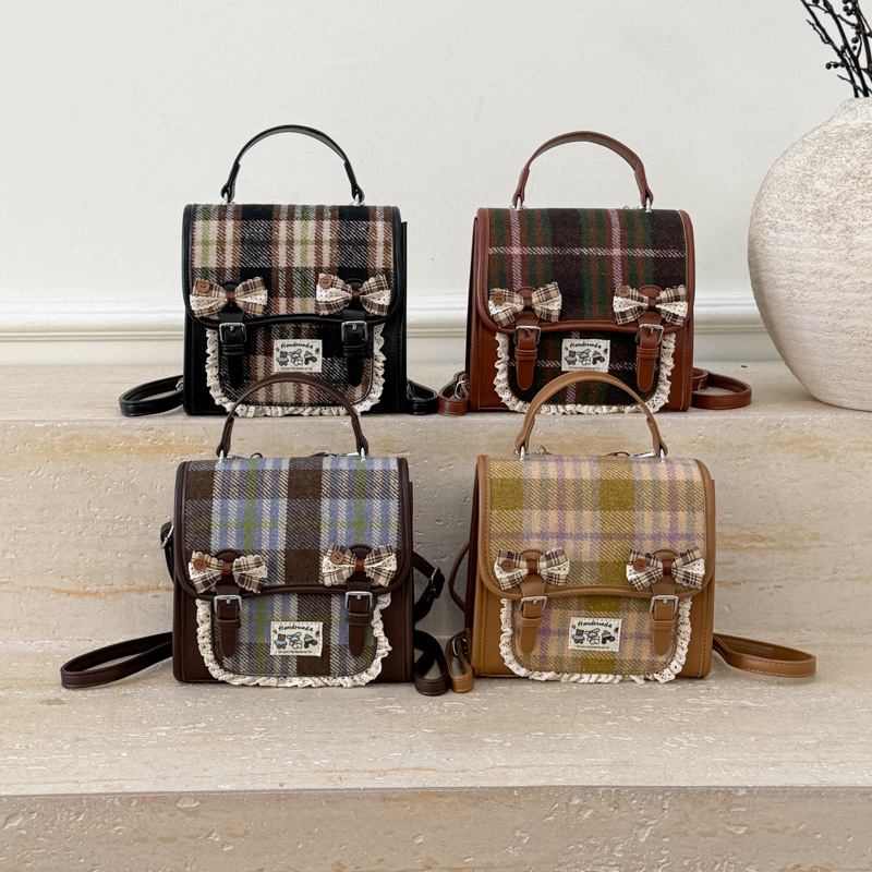 Bolsas de hombro a cuadros coreanos para niños y niñas, bolsas de hombro para niñas, bolsas escolares de estilo inglés, comercio exterior transfronterizo