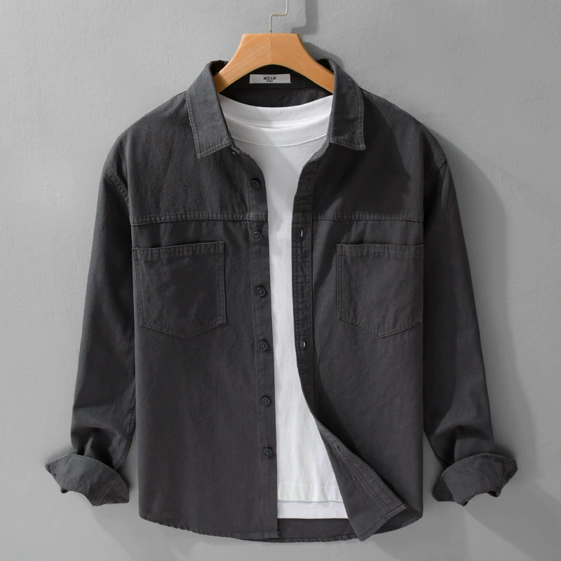 Весенне-осенние простые и универсальные мужские рубашки с длинными рукавами, повседневные свободные мужские молодежные рубашки чистого цвета в стиле ретро 9189