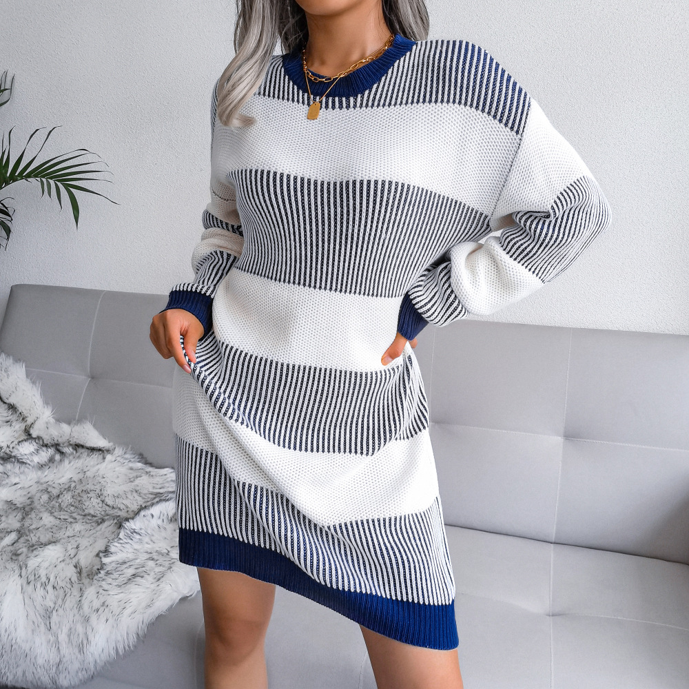 Stripes Casual Loose Sweater Dress Without Belt NSBJ98880