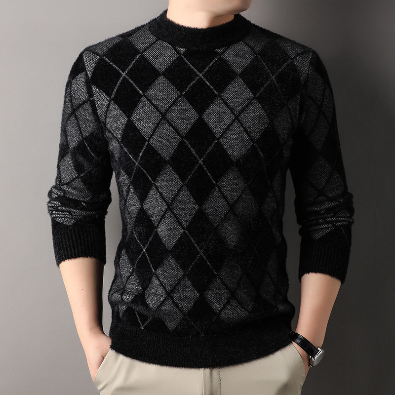 Cross-Border Exclusive Korean-Style Diamond Jacquard Knit Sweater for Middle-Aged Men, Autumn and Winter Faux Mink Velvet, Fleece-Lined, Thickened Stand Collar