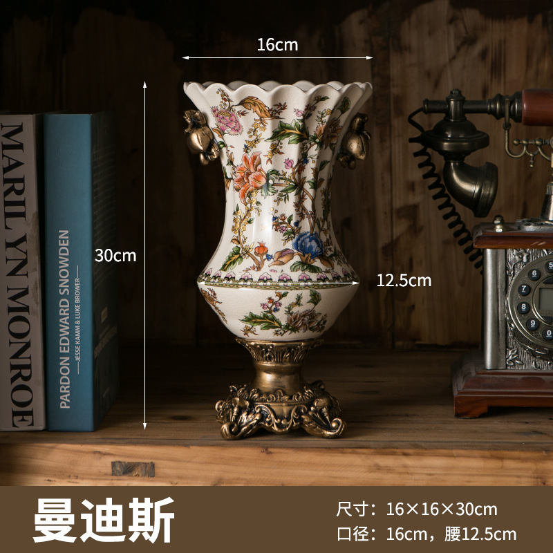 美式复古冰裂纹陶瓷花瓶创意家居摆件装饰品桌面欧式高足双耳花瓶|undefined