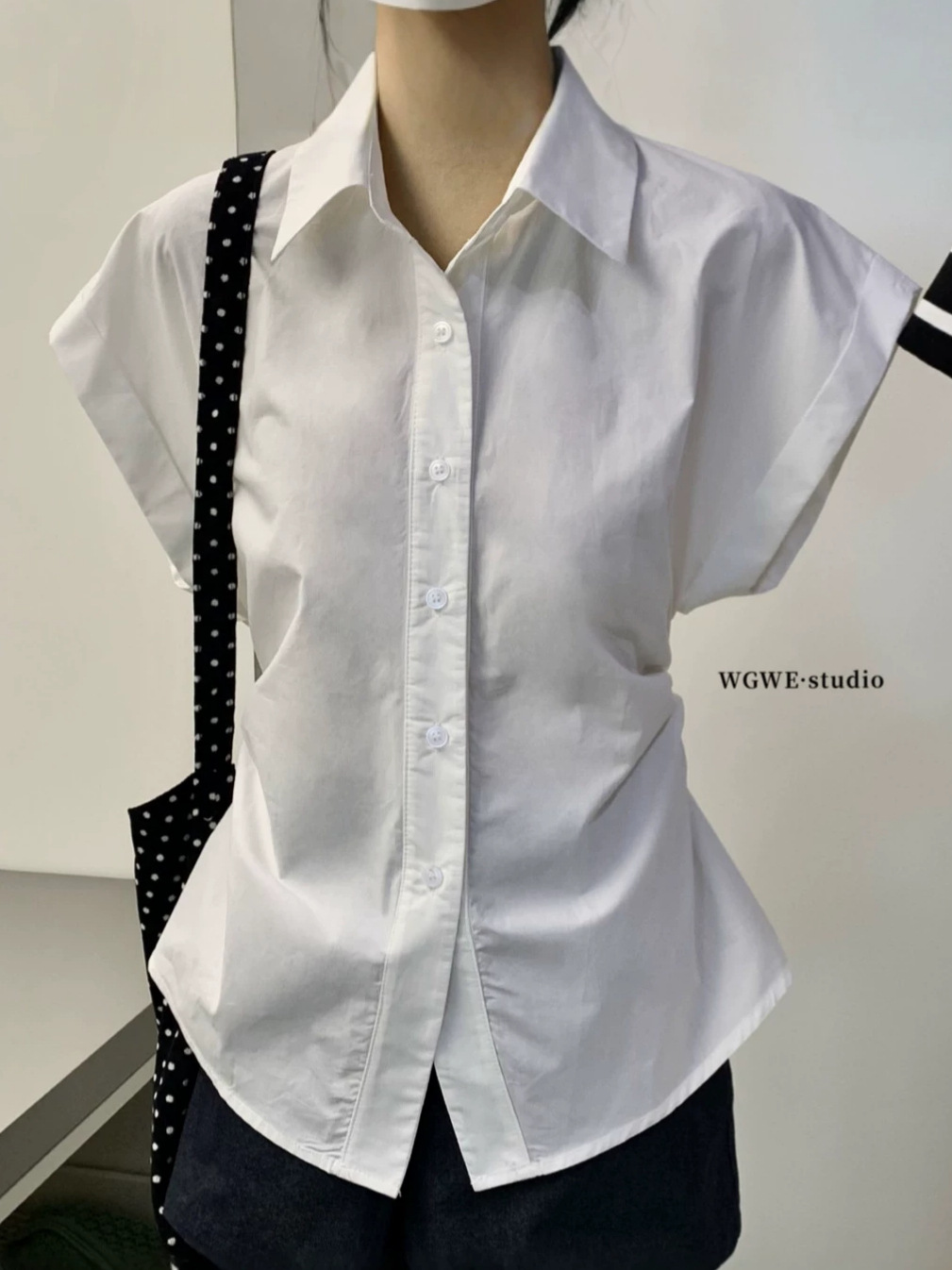 Wgwe9608 New Summer Women's Clothing Guangzhou Thirteen Lines Korean Style Polo Collar Waist-Cinching Slimming Short-Sleeved Shirt Top