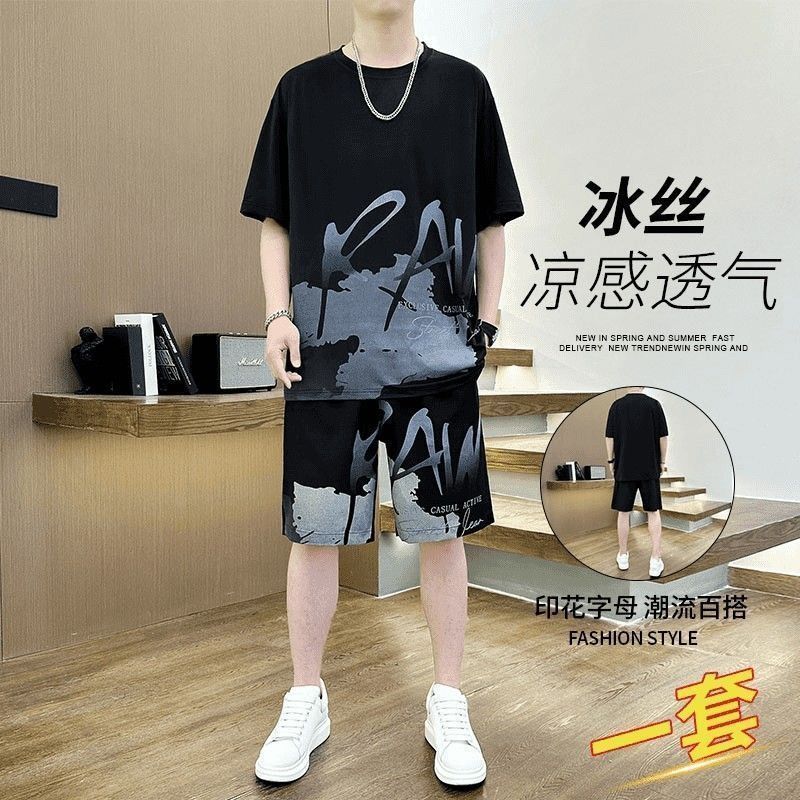 メンズ夏用アイスシルク薄手速乾服、半袖Tシャツ、ショートパンツ、カジュアルスポーツウェア、ハンサムな衣装のセット|undefined