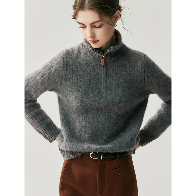 He |   Loose-Fitting Cashmere Sweater with Half-Zip for Women, Similar to the Laoqun Style, in Old Money Style, Thickened Wool Knitwear.