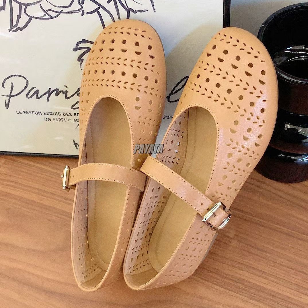 Giày bệt nữ mũi tròn miệng nông da thật đục lỗ thoáng khí — Màu mơ