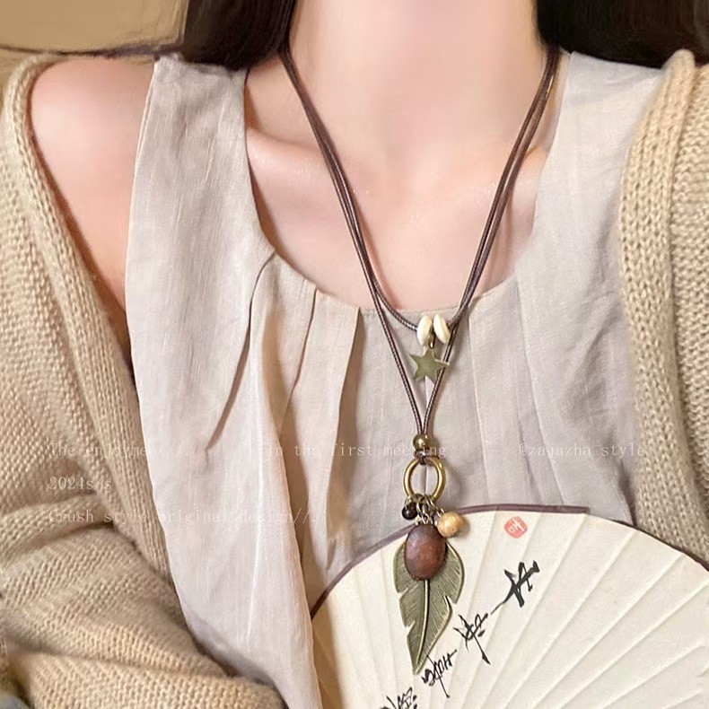 新中式叠戴吊坠项链女藏式民族风复古锁骨链小众古风百搭毛衣链潮|undefined