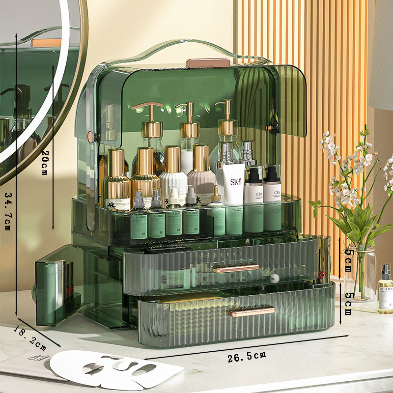 Caja de almacenamiento de cosméticos estante de almacenamiento a prueba de polvo de escritorio con tapa de cajón canasta de almacenamiento dormitorio lápiz labial caja de almacenamiento de cuidado de la piel