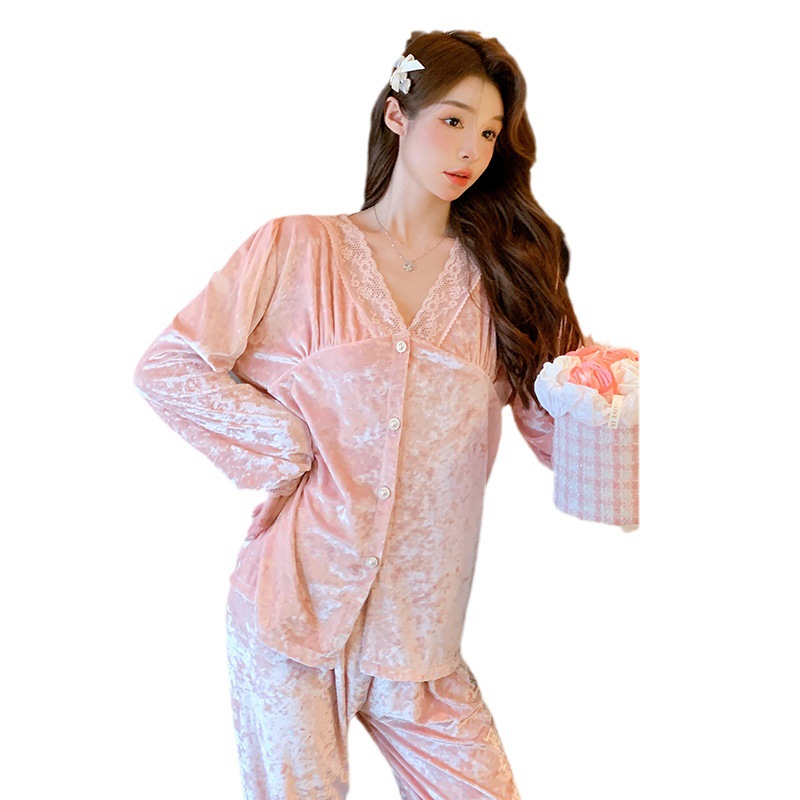 Luz de lujo de alta calidad pijamas de las mujeres de terciopelo de oro de encaje cardigan de algodón de manga larga Otoño e Invierno dulce traje de desgaste del hogar