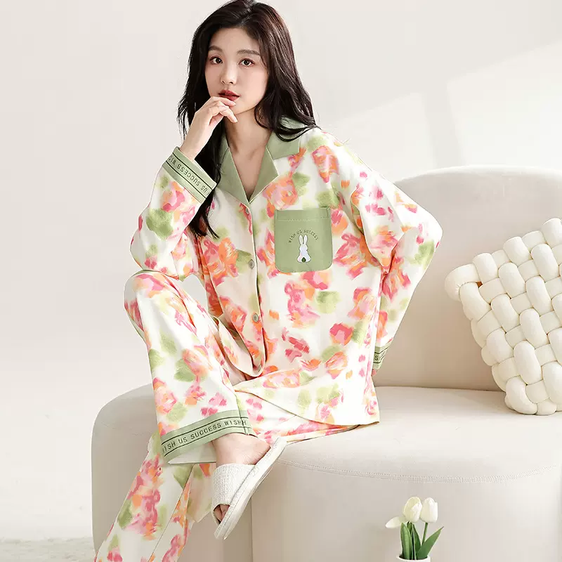 100%纯棉睡衣女春秋长袖长裤2025新款夏季简约舒适家居服套装外穿