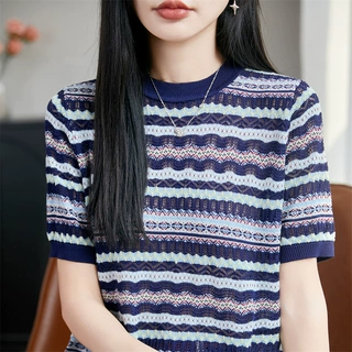 莱赛尔天丝针织条纹t恤夏季新款女士宽松打底衫优雅气质减龄上衣