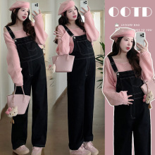 孕妇装秋季新款韩版宽松休闲牛仔背带裤+针织毛衣甜美潮妈套装女