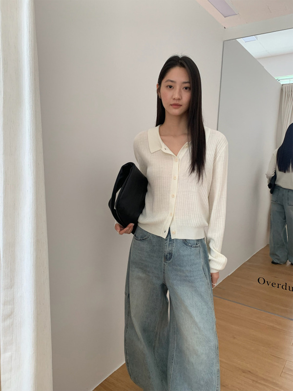 TG 简约休闲翻领针织系扣开衫女2025秋季新款坑条百搭毛衣25717|undefined