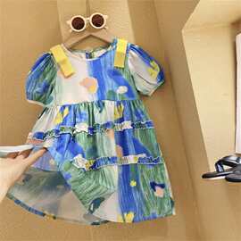 女童田园油画风连衣裙夏装新款女孩渐变色公主裙儿童短袖裙批发