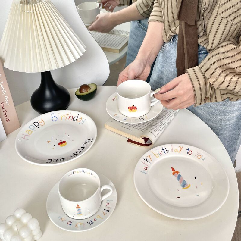 Korean Designer's Same Style Happy Birthday Ceramic Tableware Afternoon Tea Coffee Cup and Saucer Cake Plate Birthday Gift