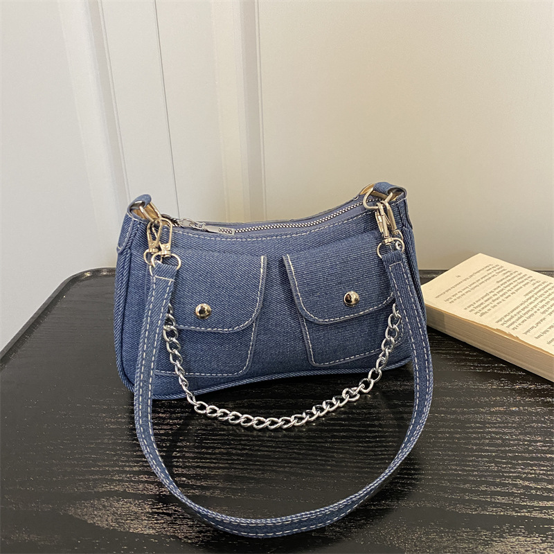 Vintage-Denim-Jeans in Unifarbe, Modell 2026, neu, mit zwei Taschen, schlicht, lässig, stilvoll, modisch, mit praktischem Tragegriff, Achsel- und Schulterriemen, für Damen._voghion.com