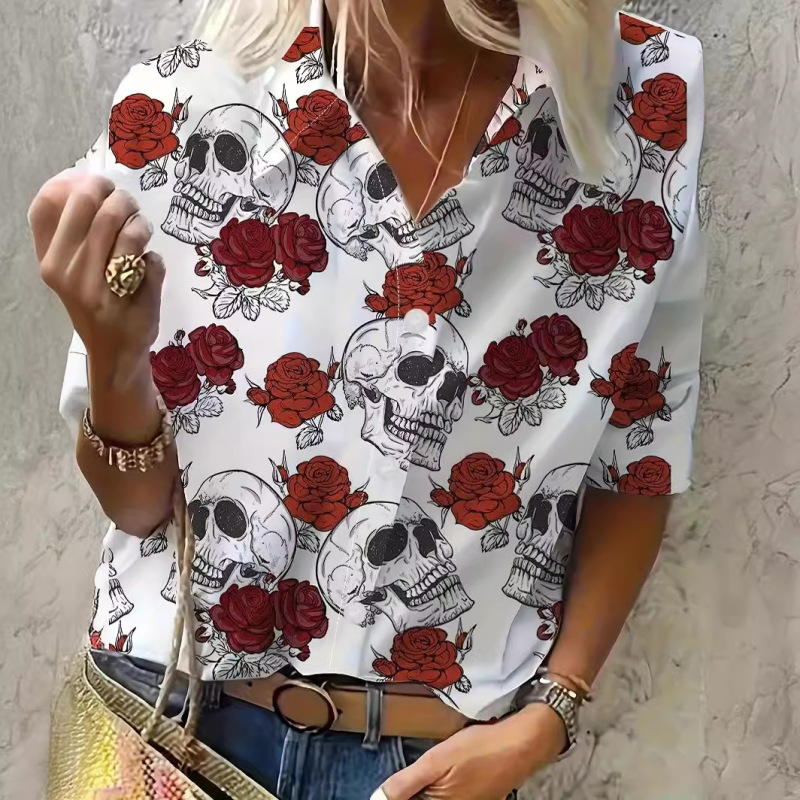 2024 Spring and Autumn Long Sleeve Button Print Skull Flower Dot Animal Shirt Loose White Shirt 2024 Spring and Autumn Long Sleeve Button Print Skull Flower Dot Animal Shirt Loose White Shirt