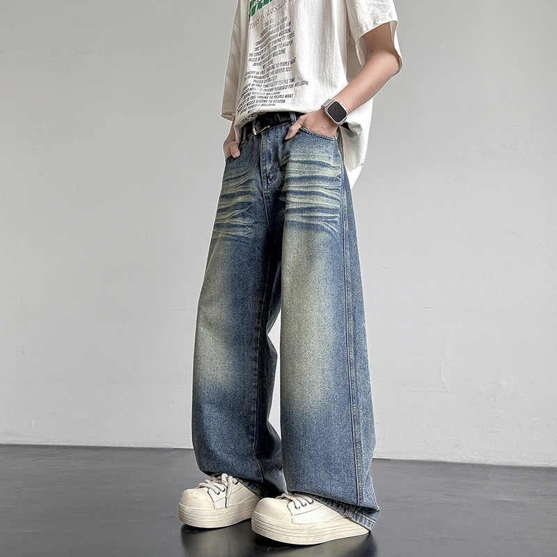 新款美式牛仔裤男款复古猫须水洗简约立体休闲宽松直筒长裤子
