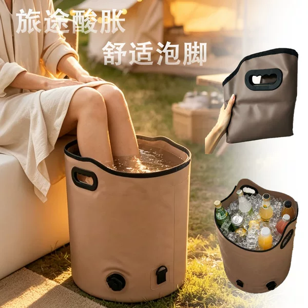Multifunctional portable foot bath bucket, outdoor foldable with water outlet valve, PVC elevated calf soaking foot bath bucket wholesale