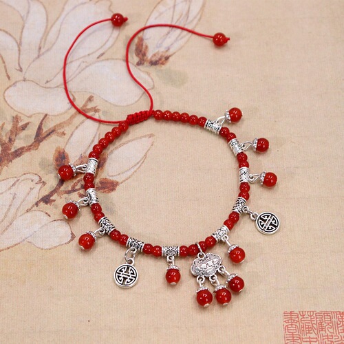 New Women's Summer Red Cord Natural Red Agate Ankle Chain Retro Peace Lock Tassel Bell Ankle Chain Accessory for Zodiac Year