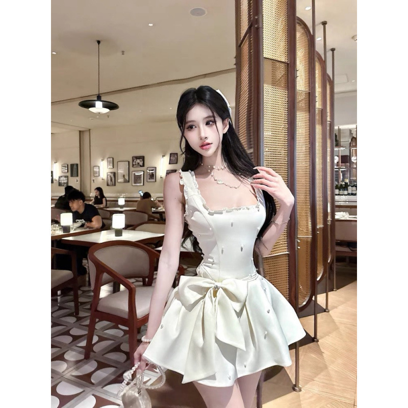 フレンチライトラグジュアリーセレブスタイルヘビーカンパンドレスリボン付き絶妙なウエスト痩身妖精スカートShenglong|undefined