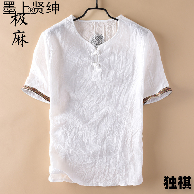 2023 estilo chino hebilla costura casual imitación lino camiseta de manga corta verano delgado plisado imitación algodón y lino sudadera para hombre