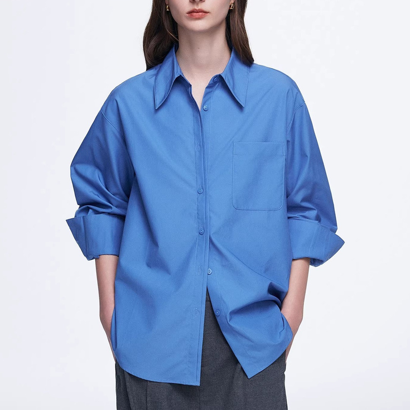 Row Style Silhouette Blue Shirt Women's Double Placket Design 25 Autumn and Winter Pure Cotton Long-Sleeved Layered Shirt