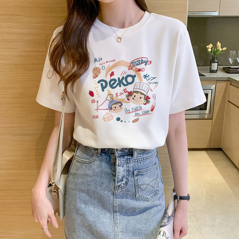 White Cotton Cartoon T-shirt Women's Summer Loose Slimming Korean Style Sweet and Gentle Style All-match Short-sleeved Top Instagram Style Trendy White Cotton Cartoon T-shirt Women's Summer Loose Slimming Korean Style Sweet and Gentle Style All-match Short-sleeved Top Instagram Style Trendy