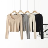 Осенний базовый приталенный сексуальный лонгслив, V-образный вырез, по фигуре