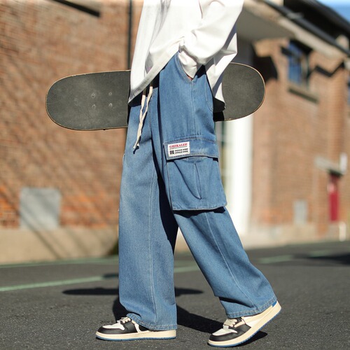 Workwear jeans for men, American-style washed retro streetwear versatile multi-pocket straight leg loose casual wide-leg
